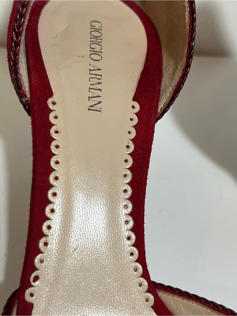 Giorgio Armani Red Suede Pointed Toe Heels Intricate Braided Detail US Size 9.5